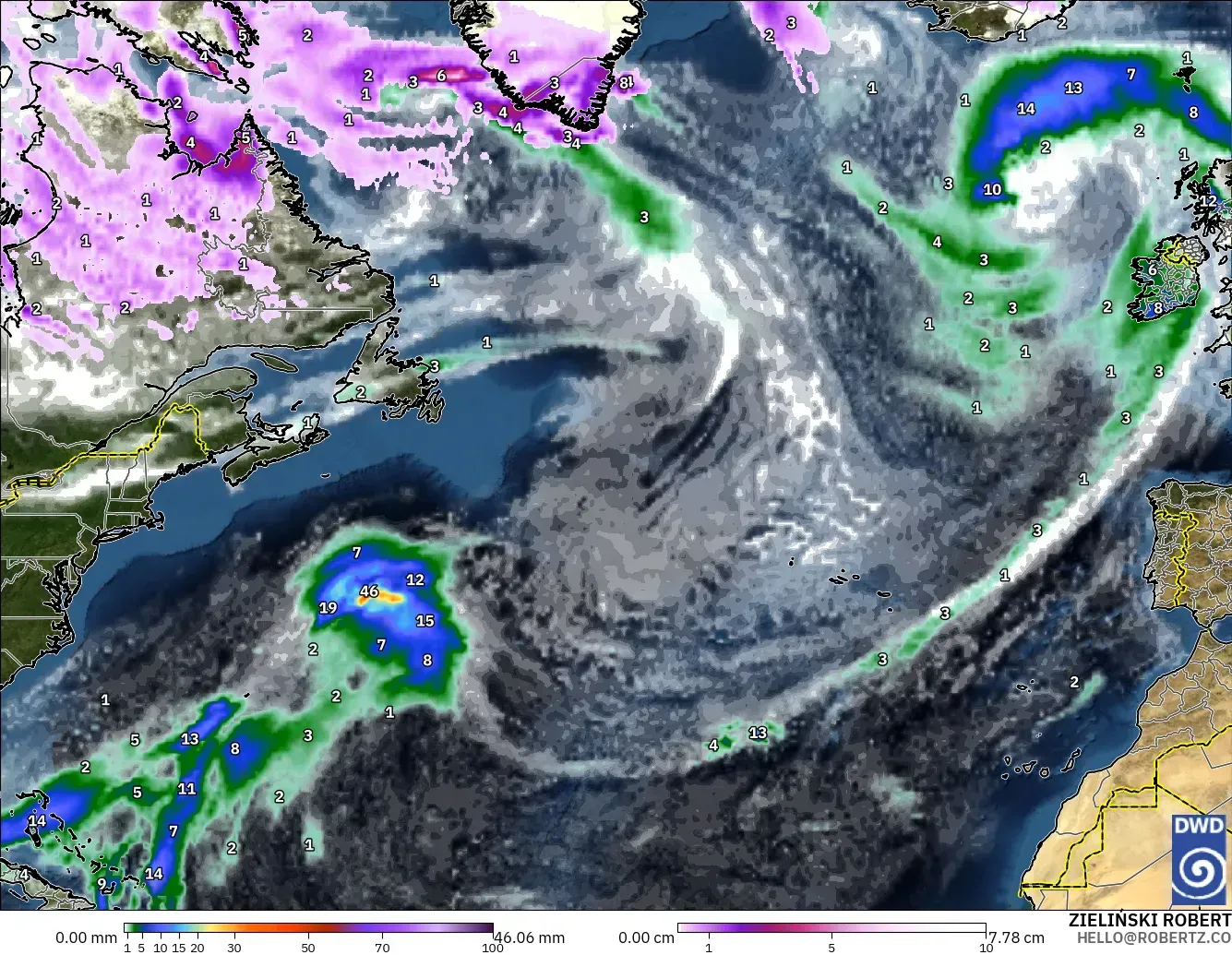 ICON modelo - Norte Atlántico, Precipitación, nubes y presión