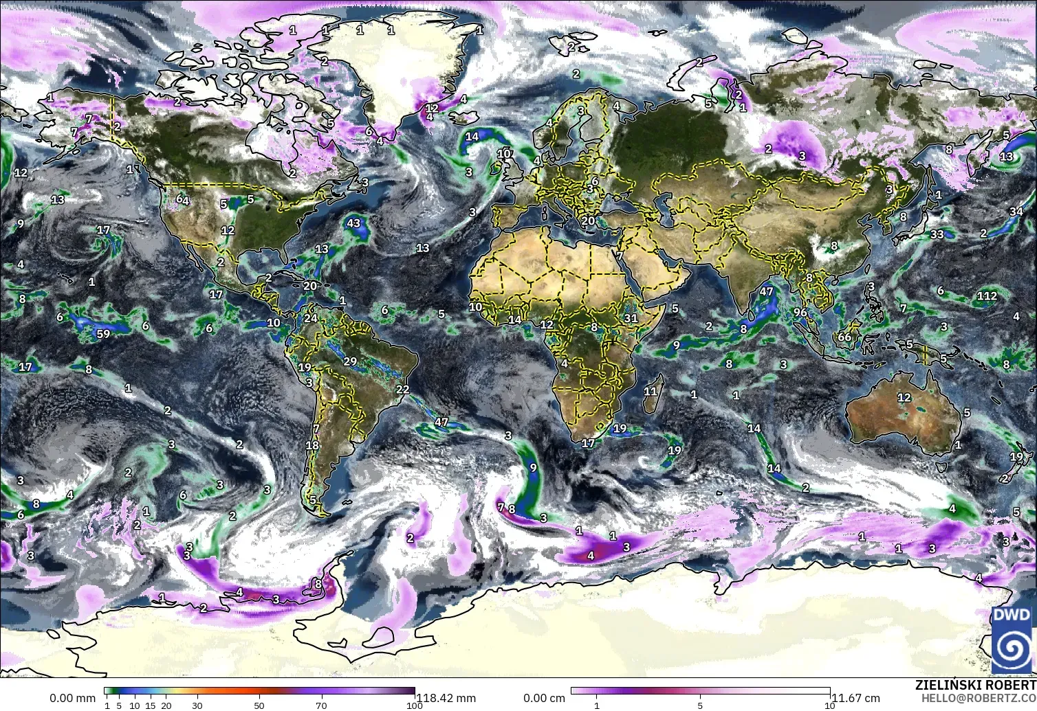 ICON modelo - Mundo, Precipitación, nubes y presión