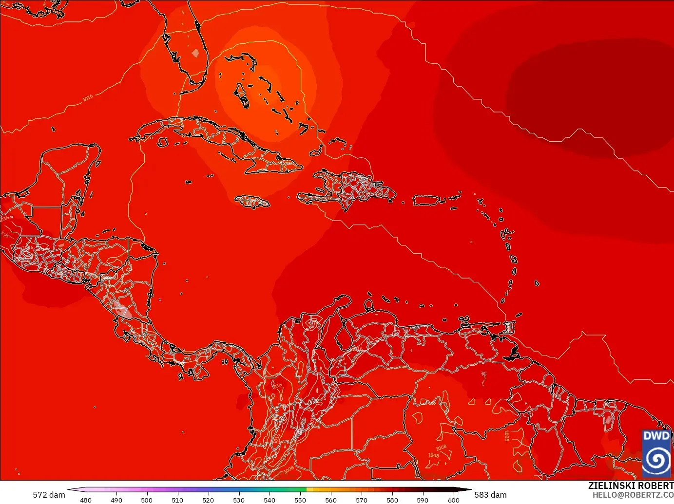 ICON modelo - Caribe, Altura geopotencial a 500 hPa
