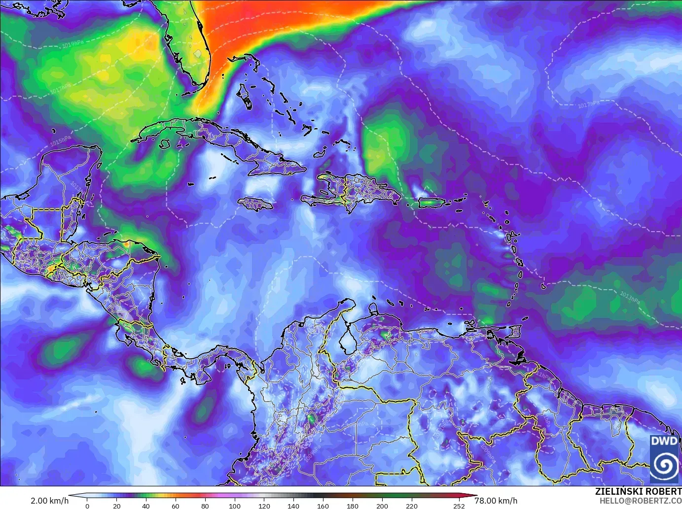 ICON modelo - Caribe, Ráfagas de viento