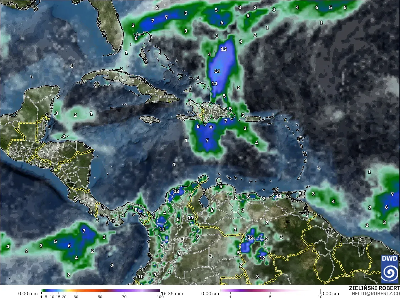 ICON modelo - Caribe, Precipitación, nubes y presión