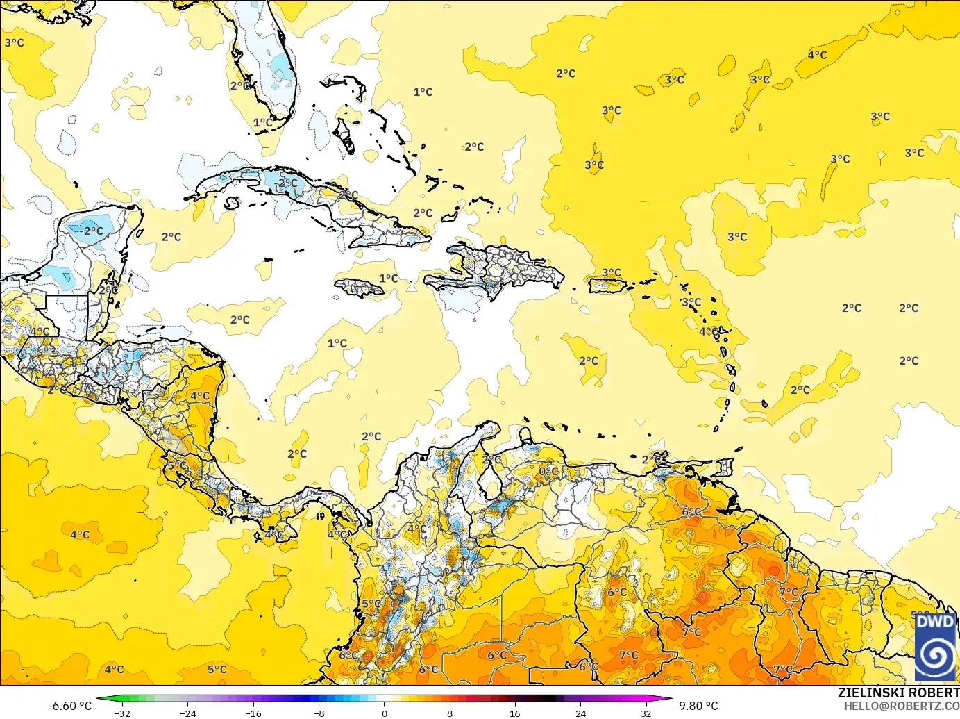 ICON modelo - Caribe, Anomalía de temperatura a 2 m