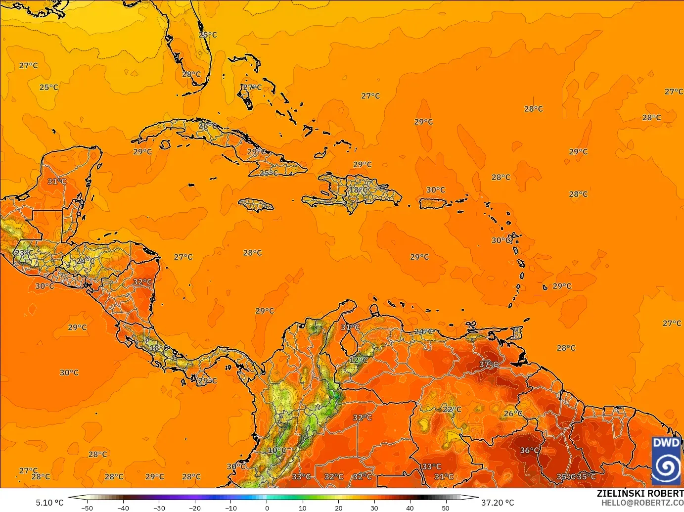 ICON modelo - Caribe, Temperatura a 2 m