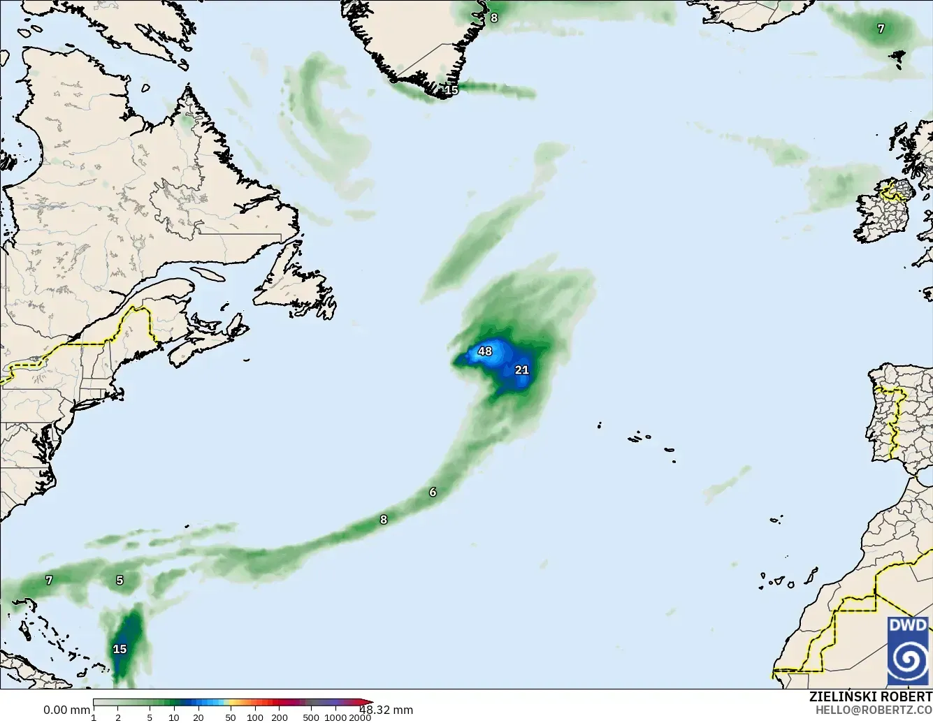 ICON modelo - Norte Atlántico, Acumulación de precipitación