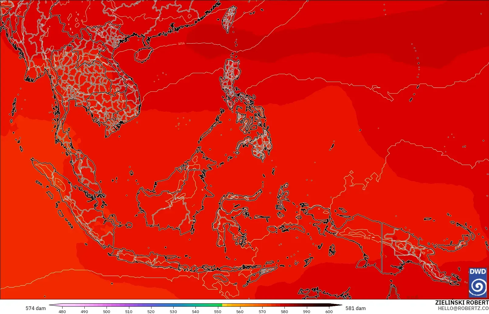 ICON modelo - Sudeste Asiático, Altura geopotencial a 500 hPa