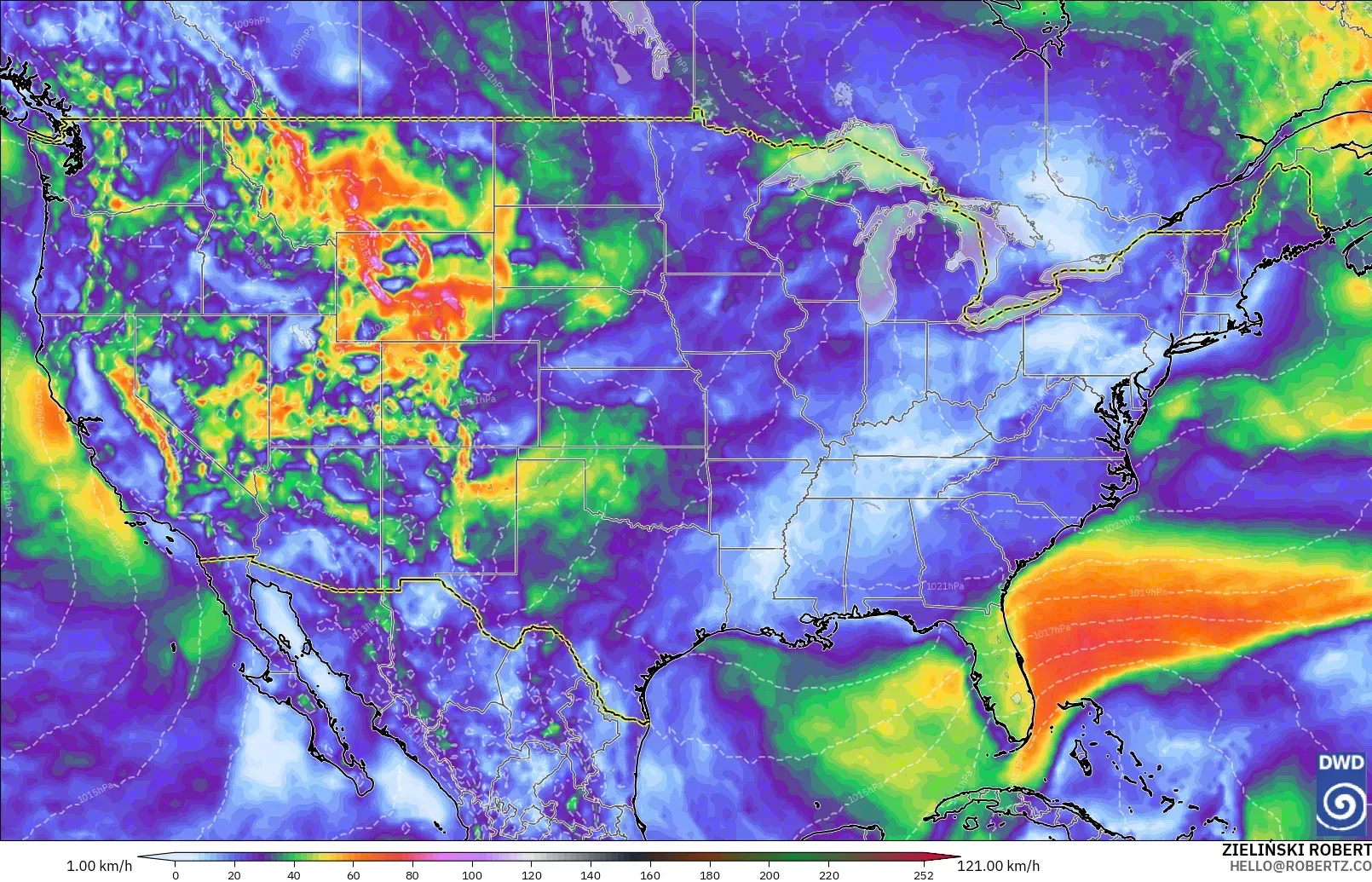 ICON modelo - Estados Unidos, Ráfagas de viento