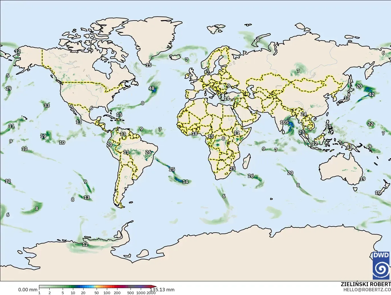 ICON modelo - Mundo, Acumulación de precipitación