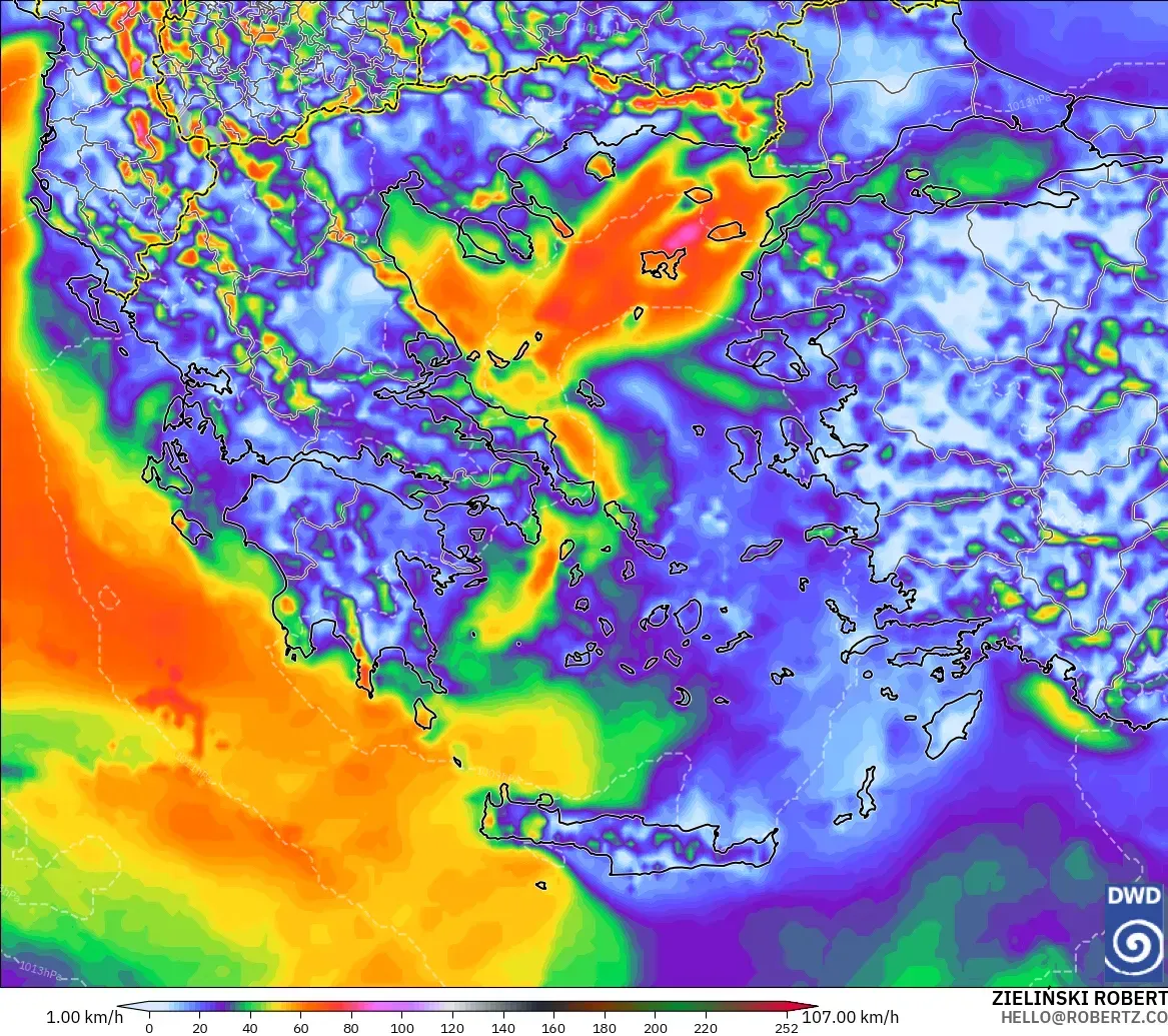 ICON modelo - Grecia, Ráfagas de viento