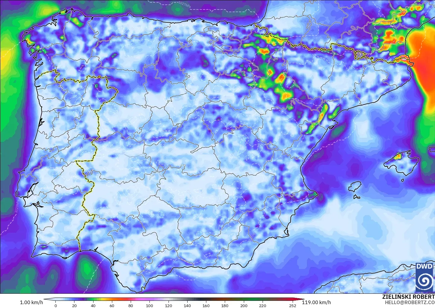 ICON modelo - España, Ráfagas de viento