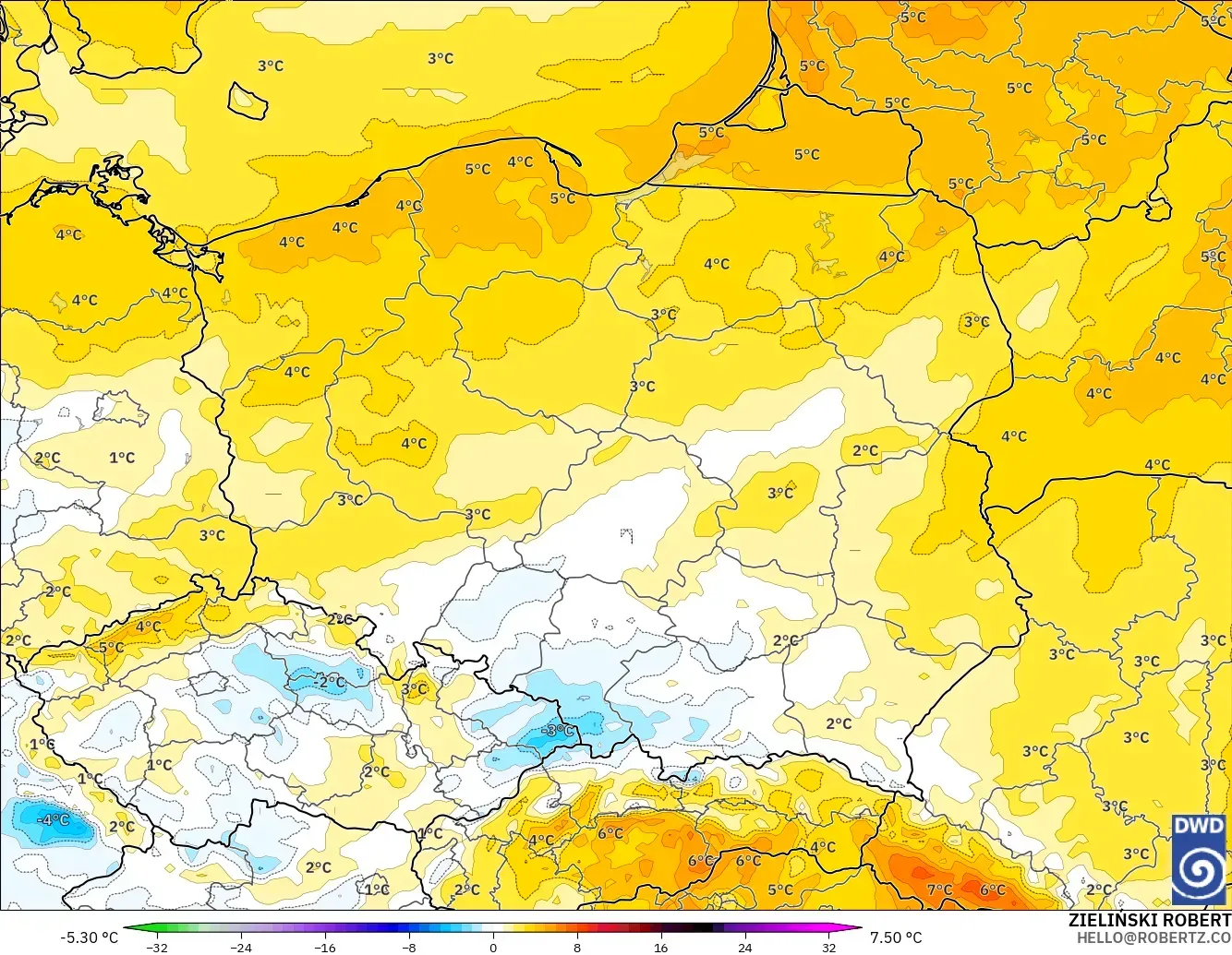 ICON modelo - Polonia, Anomalía de temperatura a 2 m