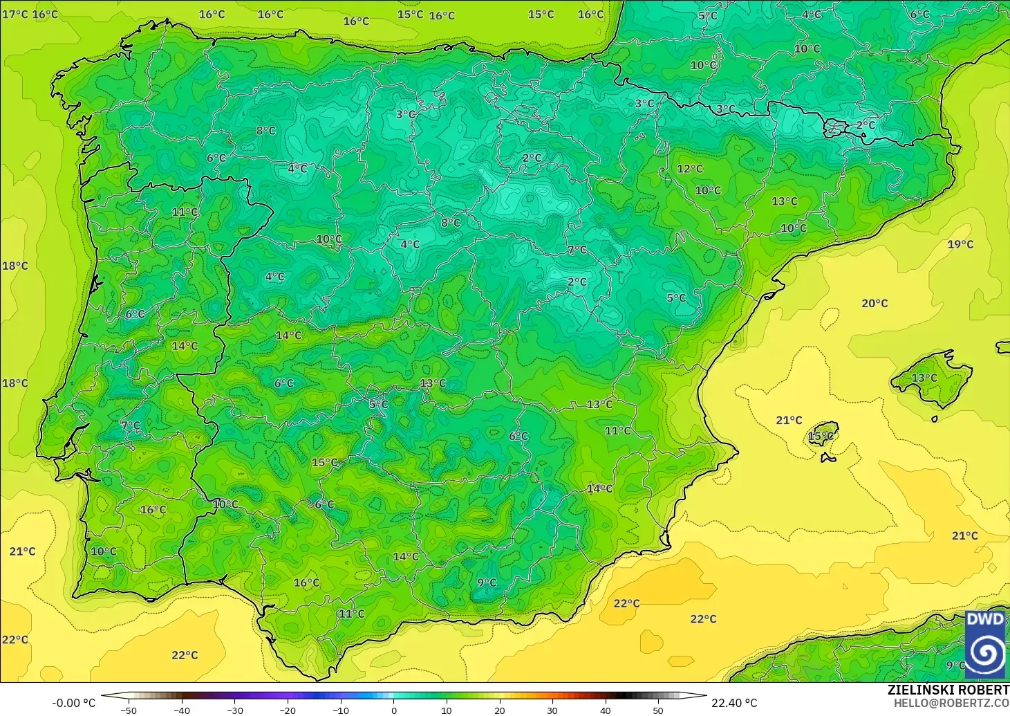 ICON modelo - España, Temperatura a 2 m