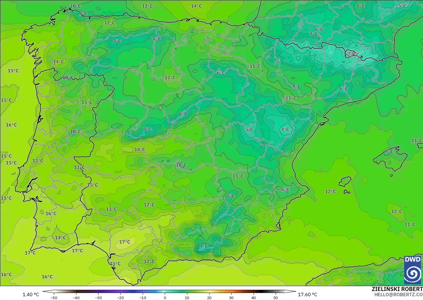 ICON modelo - España, Temperatura a 850 hPa