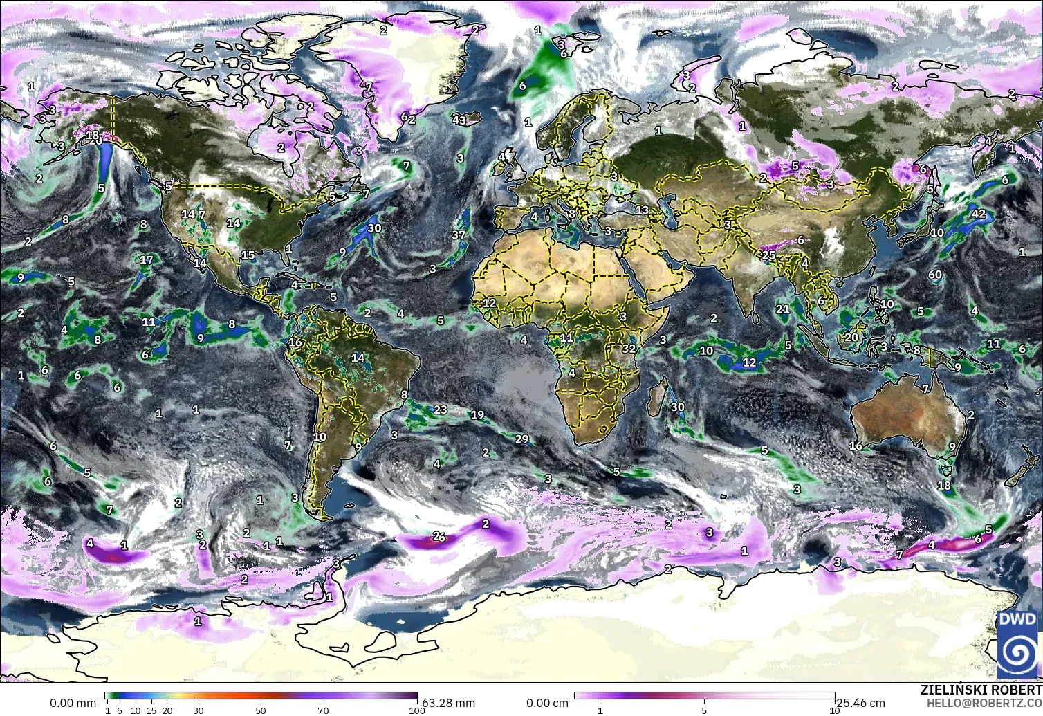 ICON modelo - Mundo, Precipitación, nubes y presión