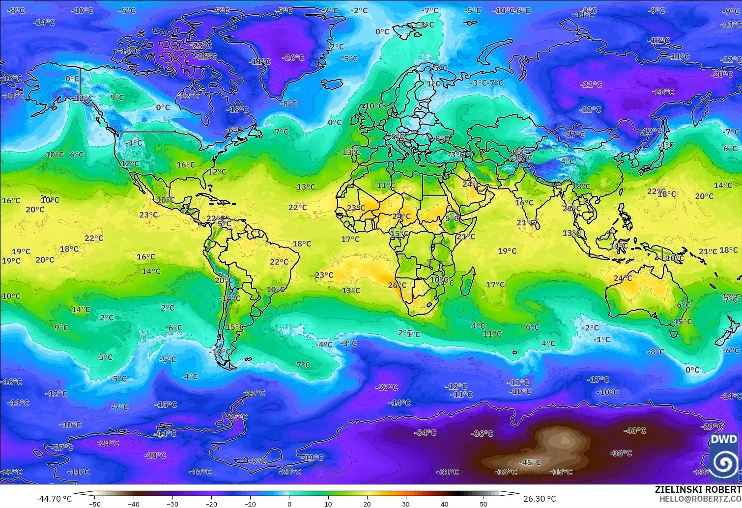 ICON modelo - Mundo, Temperatura a 850 hPa