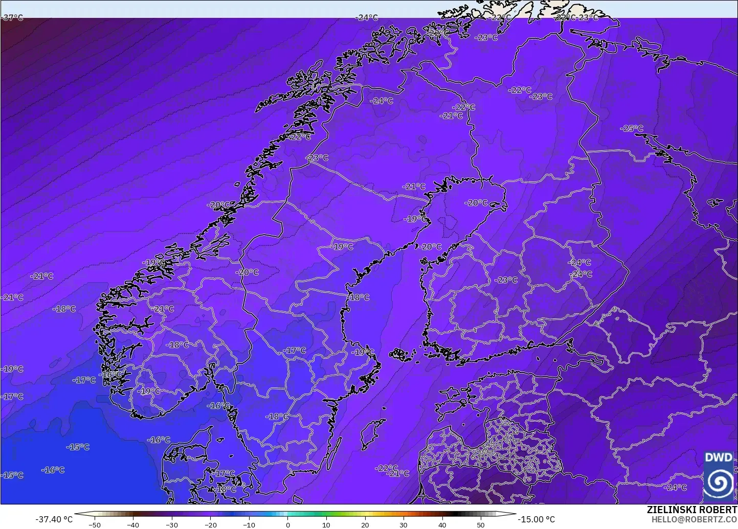 ICON modelo - Escandinavia, Temperatura a 500 hPa