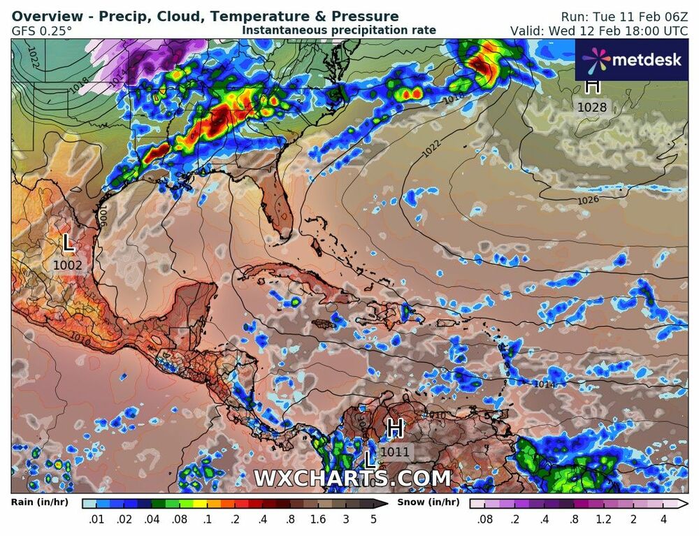 Mapa de presión y precipitación para el 12 de febrero de 2025