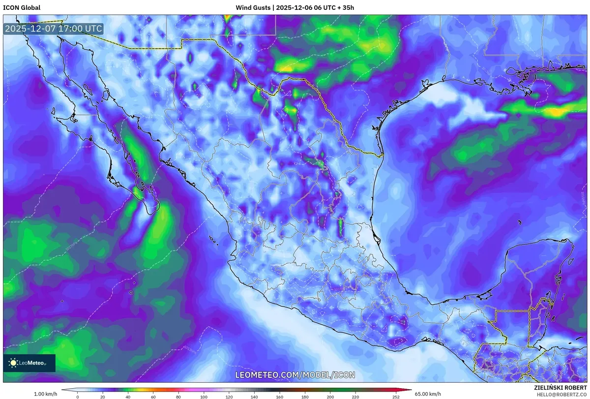 Pronóstico de Golpes de Viento en México 2025-12-06: 35 Horas con Vientos Superiores a 100 km/h y Lluvia Intensa