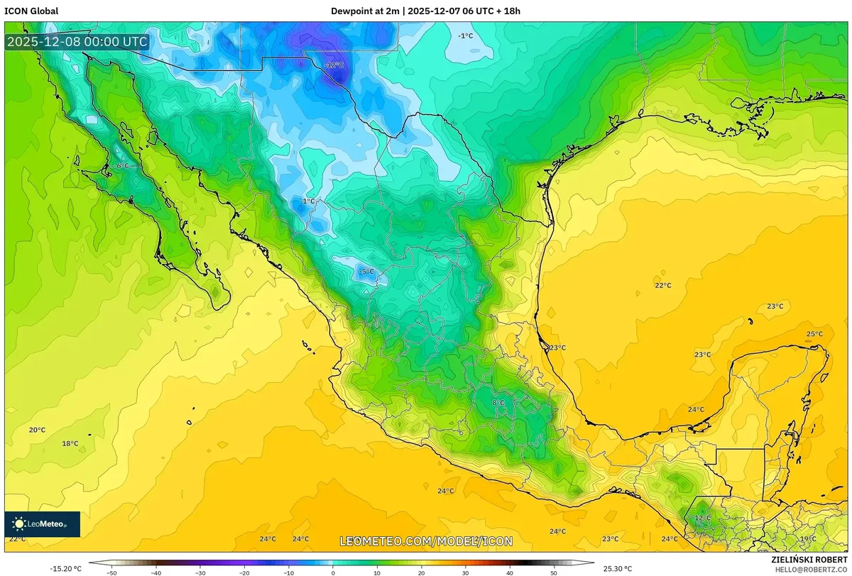 Mapa de Pronóstico de Punto de Rocío Bajo Cero – Frente Frío de México 2025-12-07 🌡️❄️