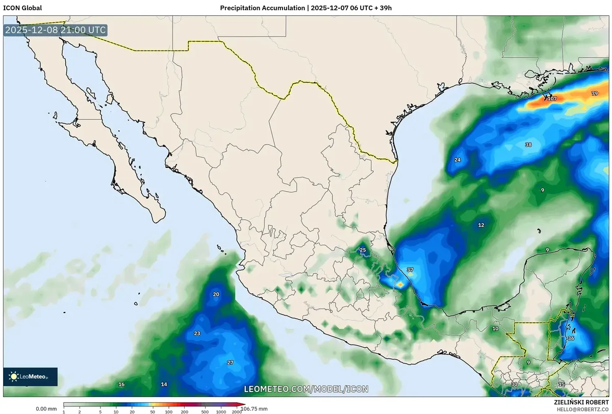 Mapa de Pronóstico de Acumulación de Lluvia en México Dic 07 2025 – Precipitación de 50 mm+, Frente Frío y Vientos Fuertes