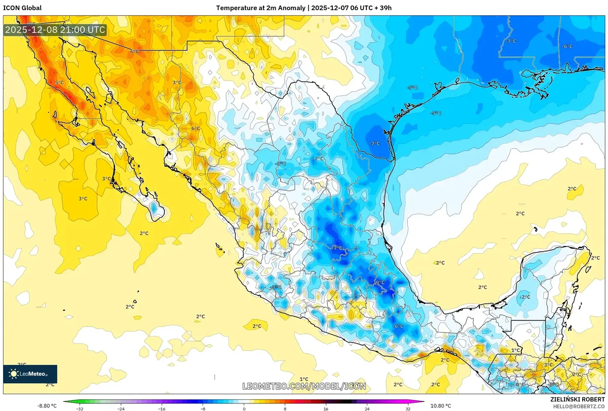 Mapa de Pronóstico de Anomalía de Temperatura del Frente Frío de México – Dic 7 2025: Puntos de Rocío Bajo Cero y Vientos Fuertes