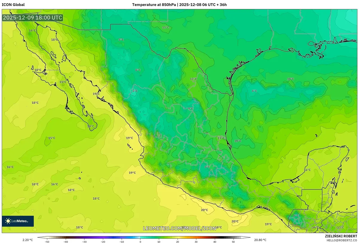 Anomalía de temperatura a 850 hPa – Mapa del tiempo de México, pronóstico del 8 de diciembre de 2025