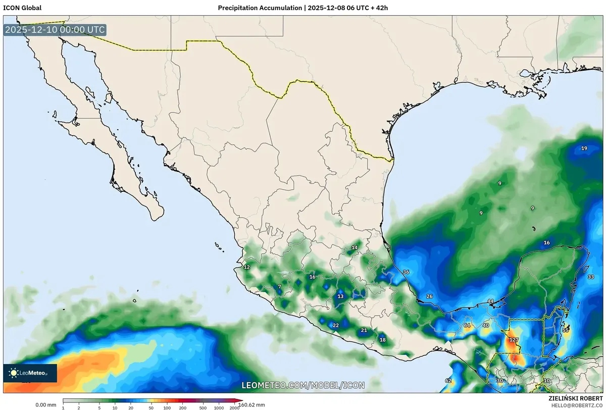 Acumulación de lluvia intensa en el sur de México – Pronóstico y mapas del tiempo del 8 de diciembre de 2025
