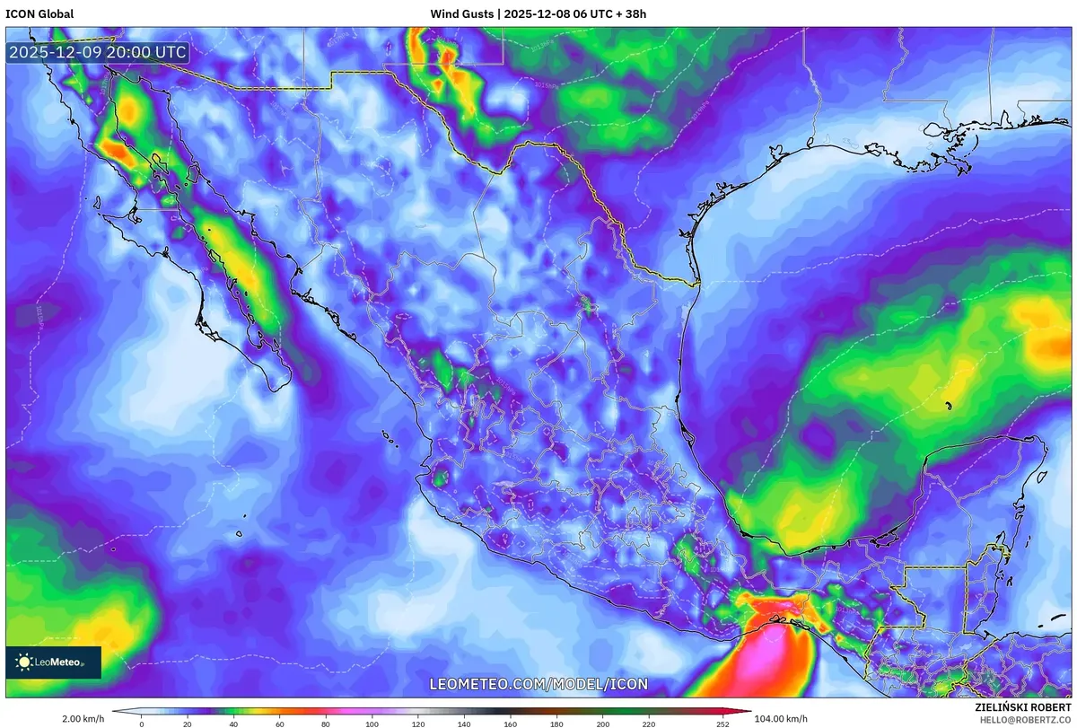 Vientos extremos de más de 105 km/h en la Península de Yucatán – Imagen del pronóstico del tiempo del 8 de diciembre de 2025
