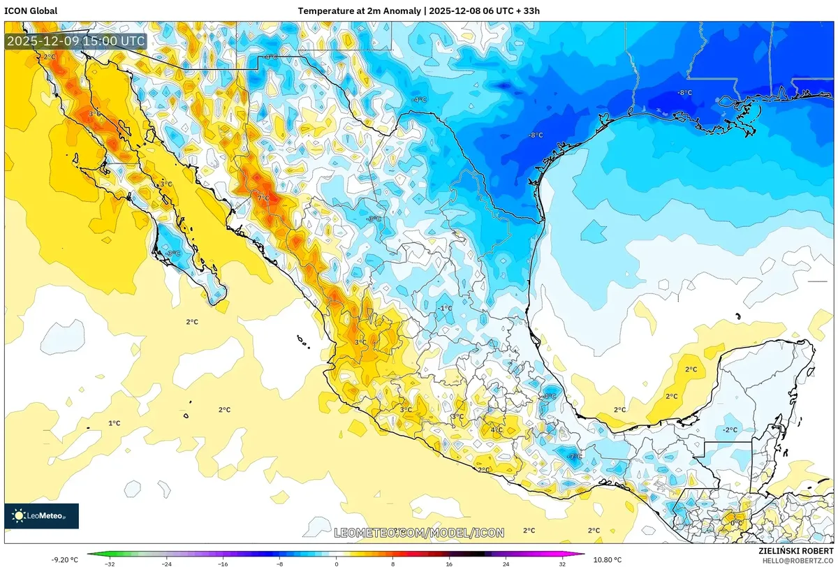 Condiciones más cálidas en la costa del Golfo – Anomalía de temperatura, pronóstico 2025-12-08