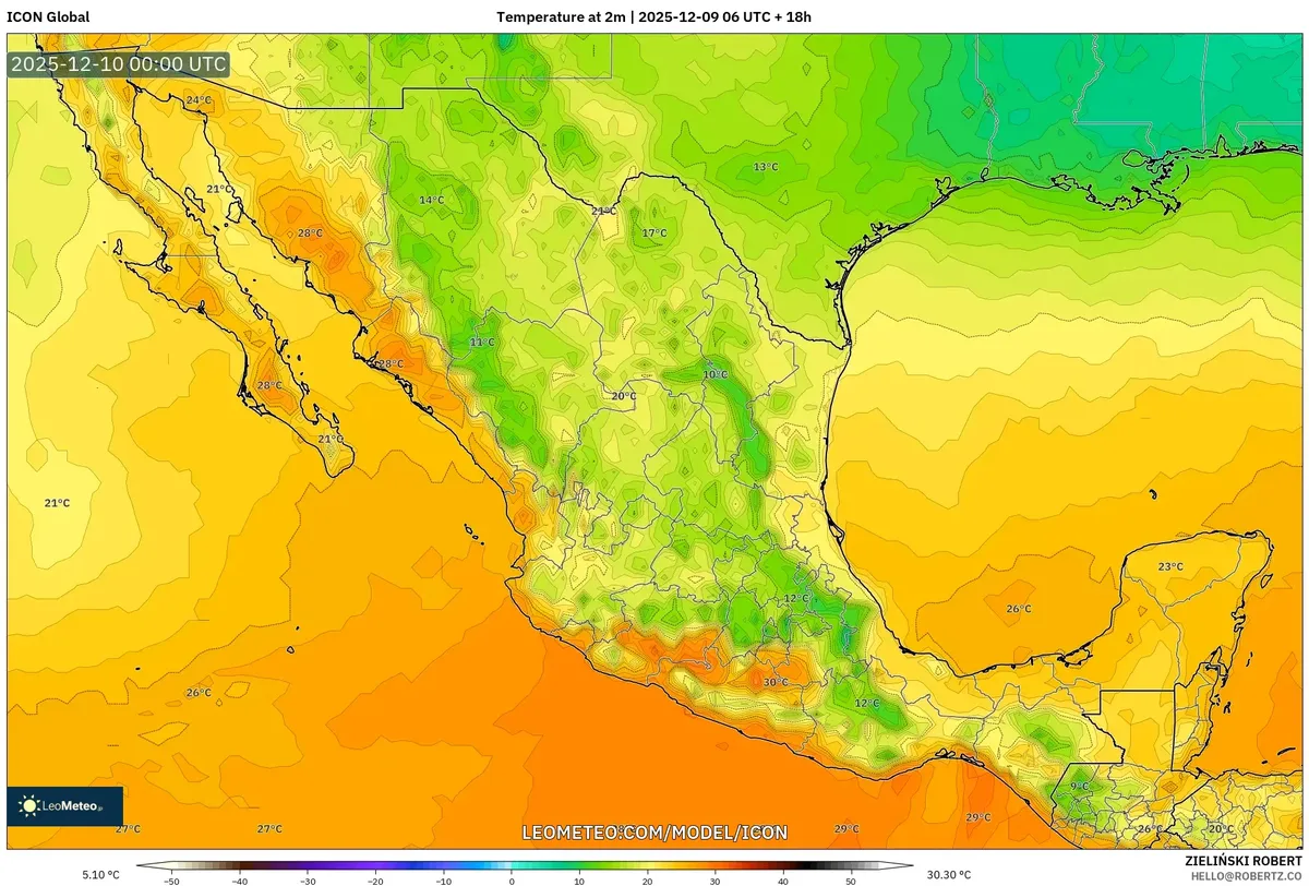 2025-12-09 Mexico Temperature Map – Cold Front Impact & Warm Southern Regions