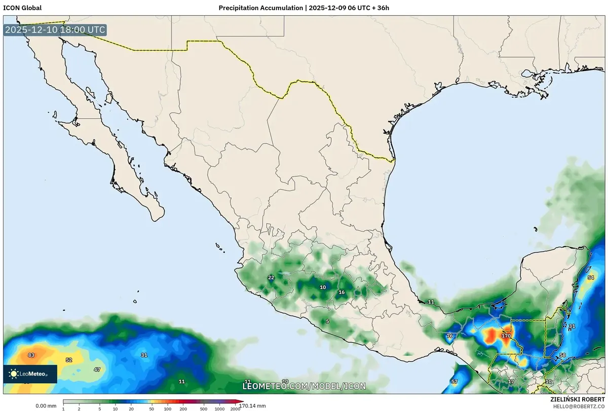 Heavy Rain Accumulation Map – Southeast Mexico Storms | 2025-12-09 Weather Forecast