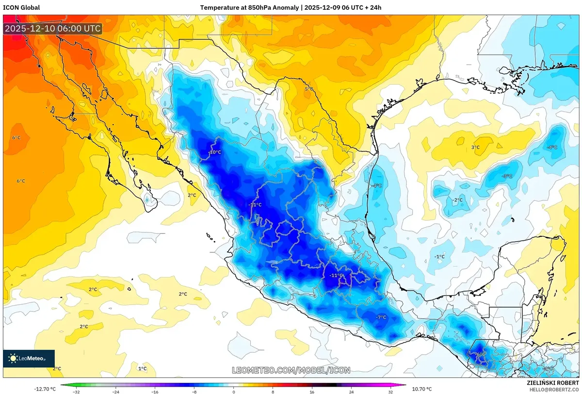 2025-12-09 Cold Front Drops Temperatures Across Northern Mexico – Weather Map
