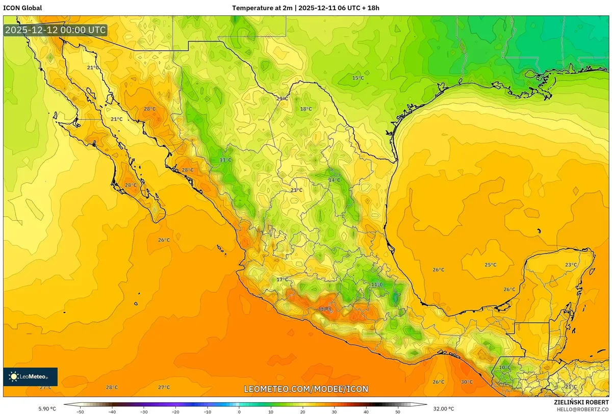 2025-12-11 viernes Pronóstico del clima cálido: 30°C calor en la costa del Golfo y fuertes lluvias