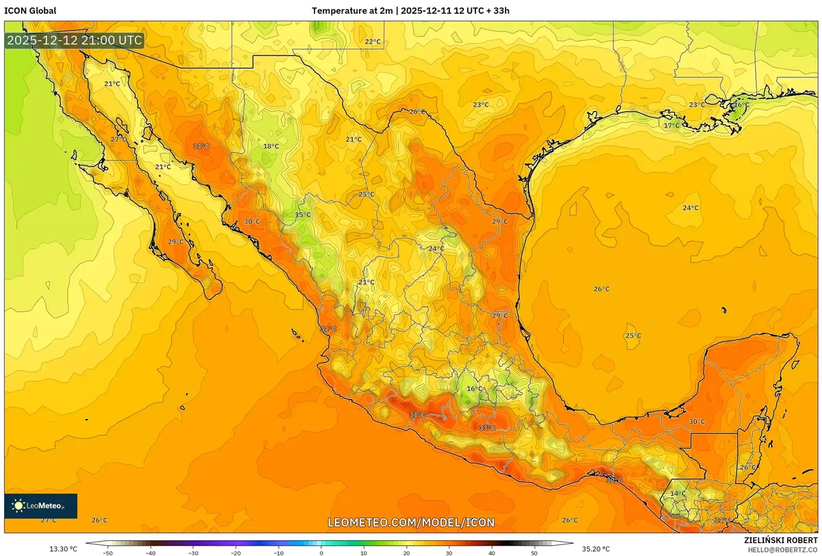 2025-12-11 Temperature Map – Warm Friday Forecast Across Mexico, Up to 30 °C in Gulf Coast
