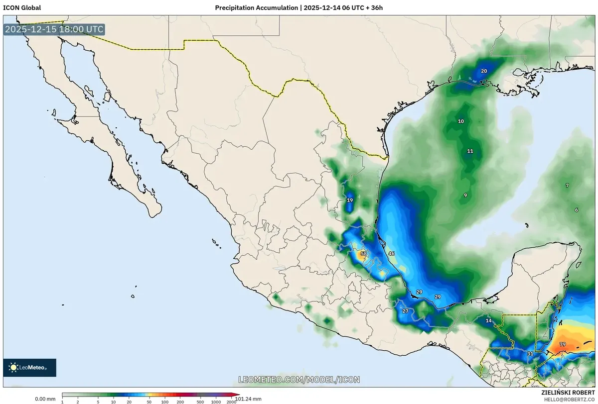 Acumulación de Precipitaciones Pronóstico para México – 2025‑12‑15 Mapa del Tiempo, Perspectiva de Lluvia Ligera