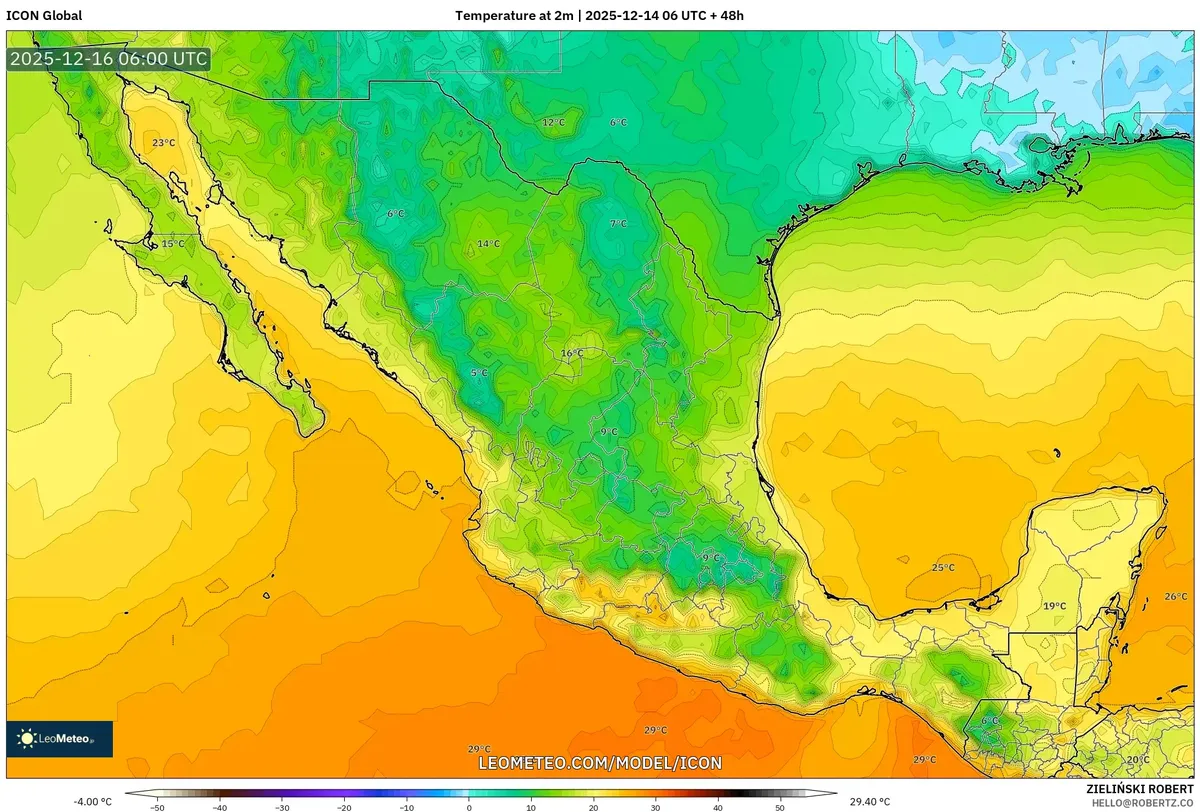 Tendencias de enfriamiento nocturno pronosticadas para México – caída de temperatura el 14/12/2025 (15 dic 2025)