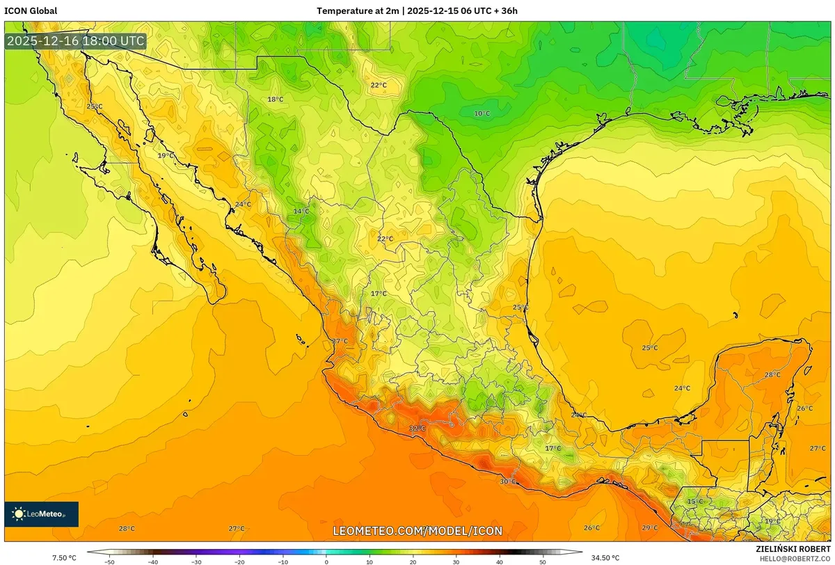 2025-12-15 México Día cálido y seco de temperatura - Pronóstico de alta presión, superior a 20°C☀️