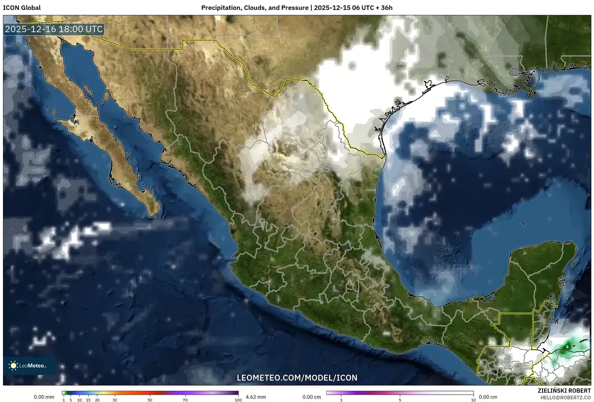 Pronóstico de nubes y precipitaciones para el 16 de diciembre de 2025