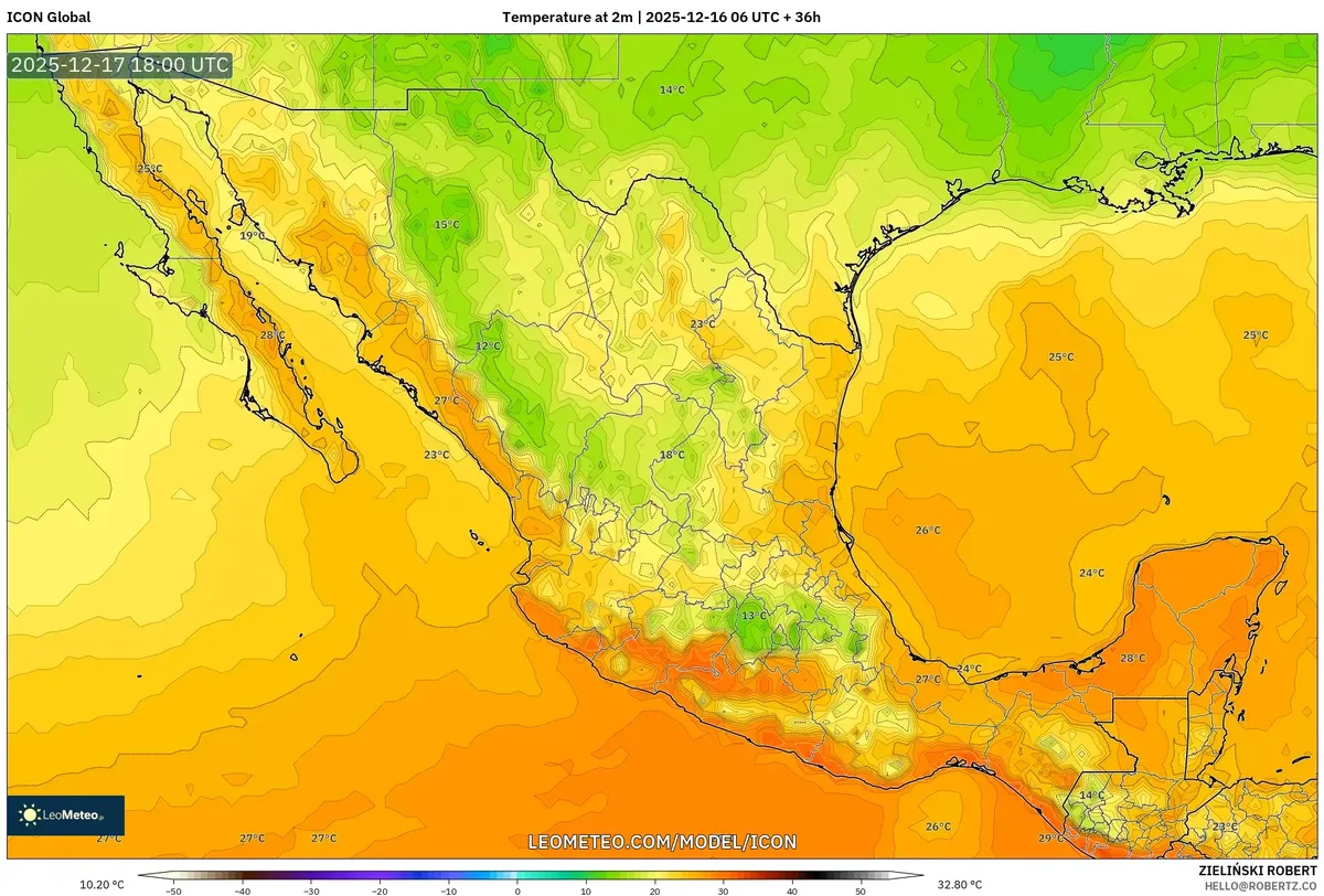 2025-12-16 Pronóstico de temperaturas de la madrugada para un día cálido en todo México