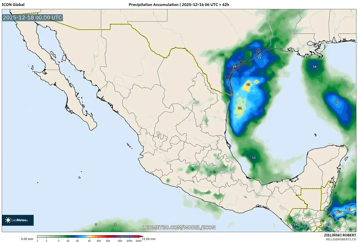 Acumulación de lluvia ligera 1‑2 mm en la costa del Golfo de México – 2025‑12‑16