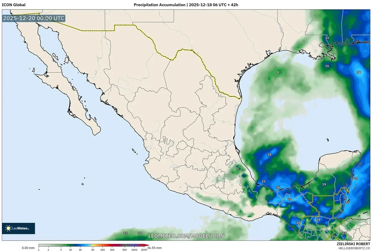 2025-12-18 Pronóstico de Acumulación de Lluvia Intensa en Yucatán, México – Mapa Detallado del Tiempo