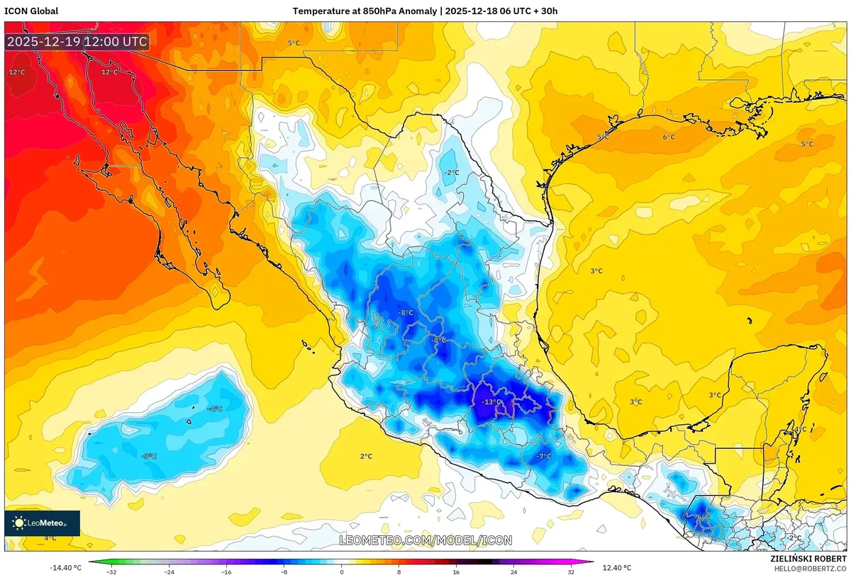 Anomalía de temperatura prevista en el sureste el viernes 2025-12-19