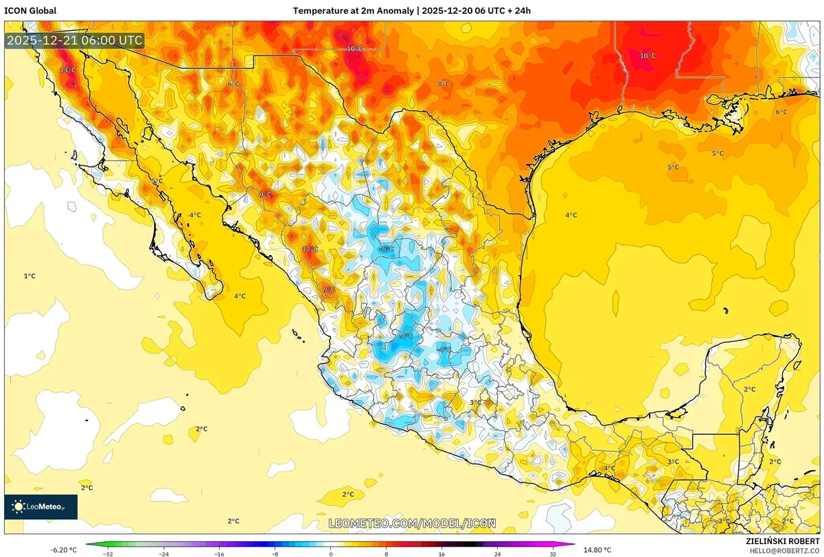 Anomalías de Temperatura en México - Perspectivas del Modelo de Clima del 20 dic 2025