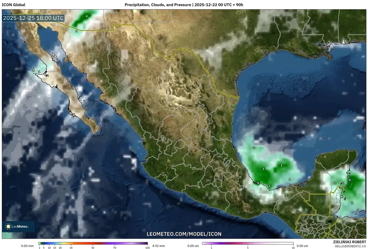 2025-12-22 Mapa del clima de México: temperaturas cálidas de hasta 29 °C y precipitaciones intensas