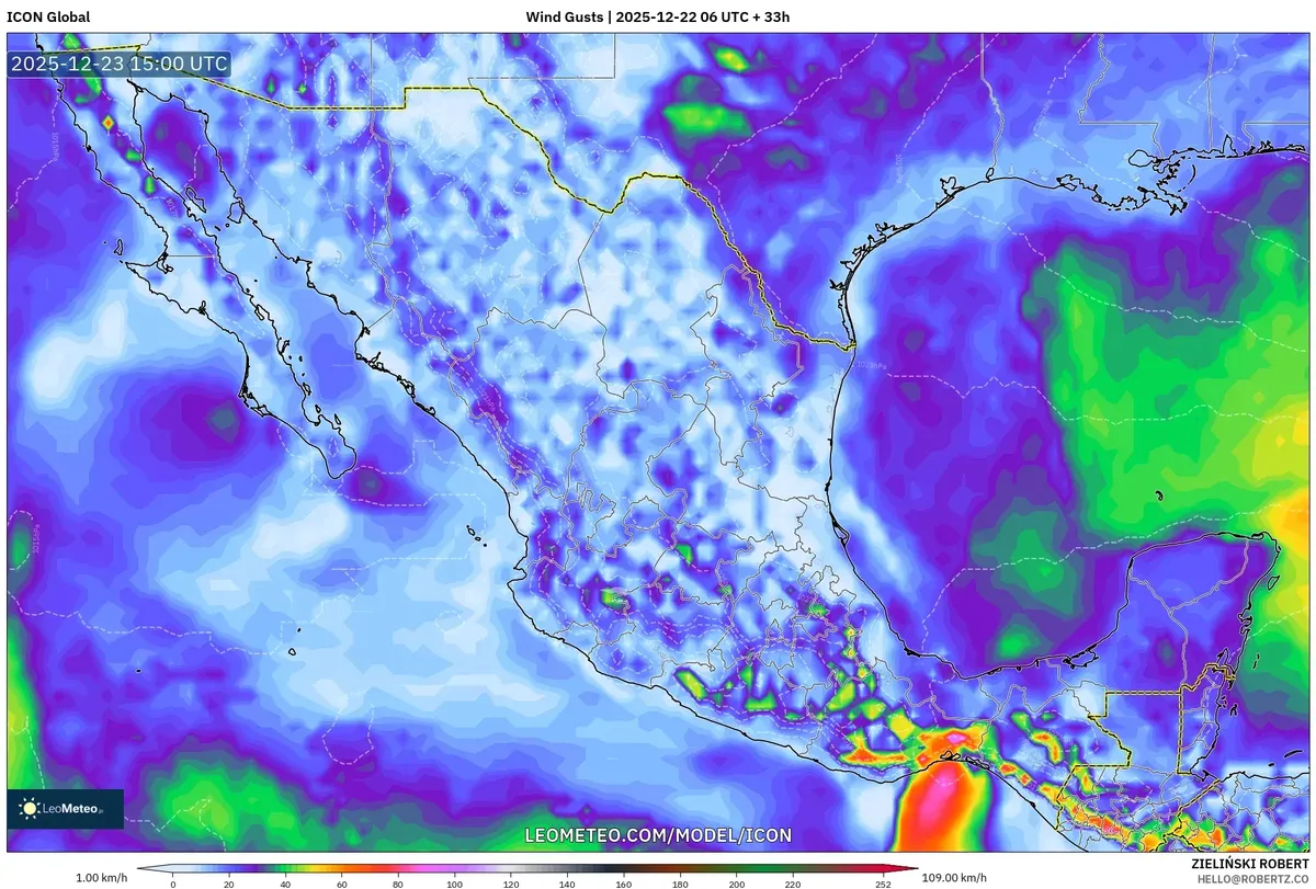 2025-12-22 Clima cálido seco en el norte vs clima caluroso lluvioso en el sur Pronóstico de México – 23 dic