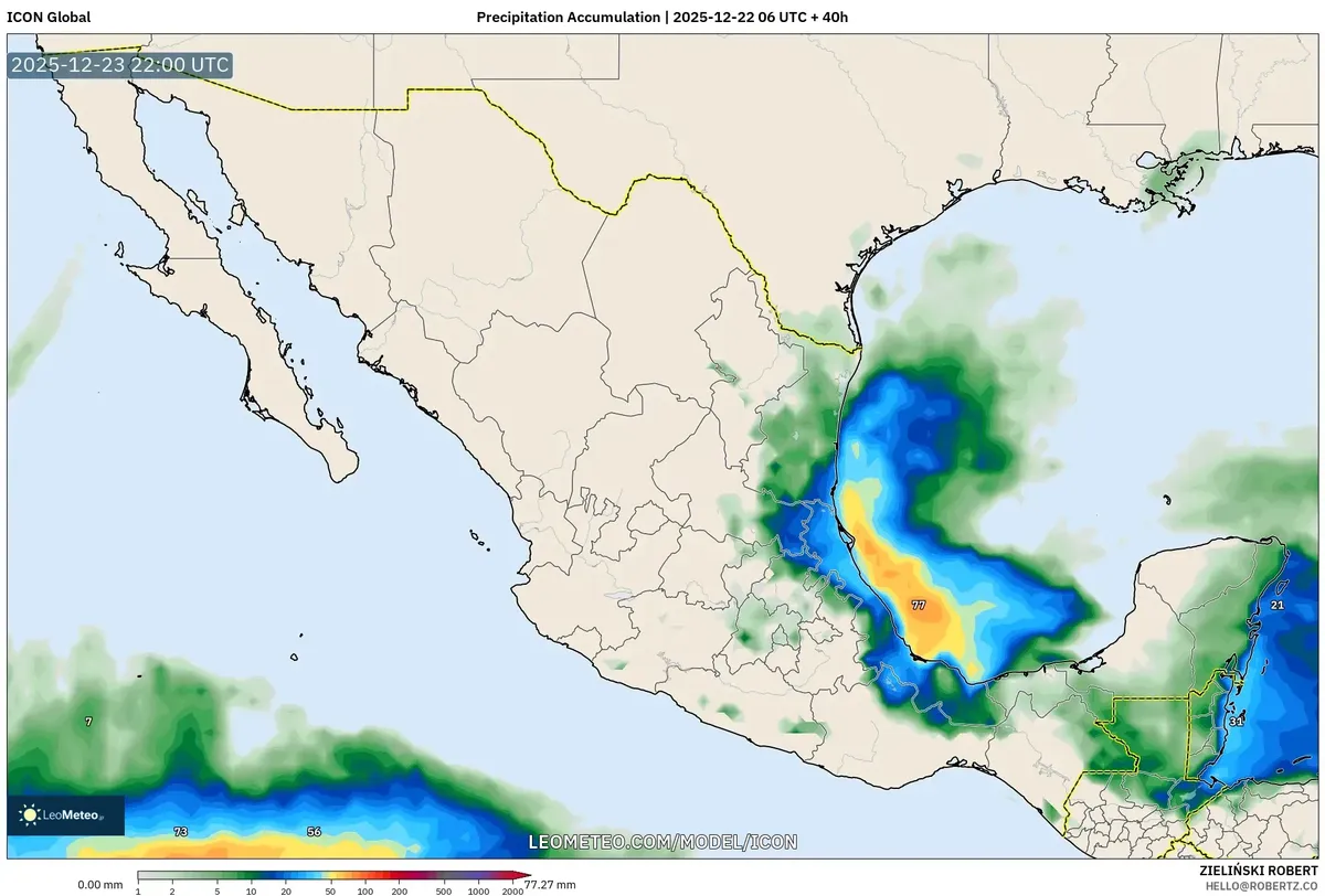 Previsión de lluvias intensas en el sur de México 2025-12-22 – Tormenta tropical, fuertes precipitaciones y riesgo de inundaciones