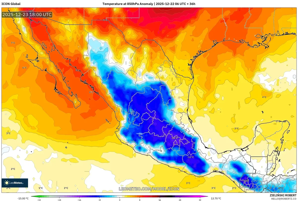 2025-12-22 Mapa de anomalía de temperatura – Norte cálido, sur lluvioso caliente pronóstico