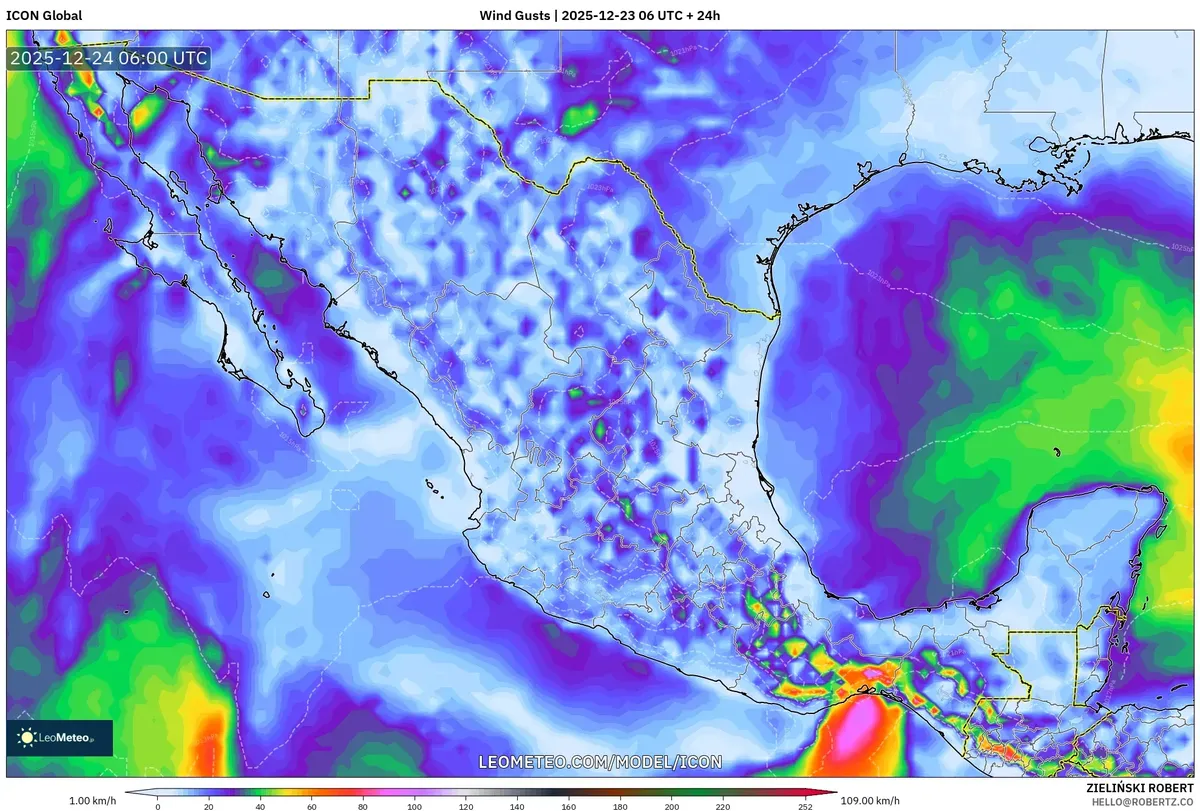 Ráfagas de viento máximas pronosticadas – Tijuana y el norte de México 2025-12-24 | Perspectiva del clima para la víspera de Navidad