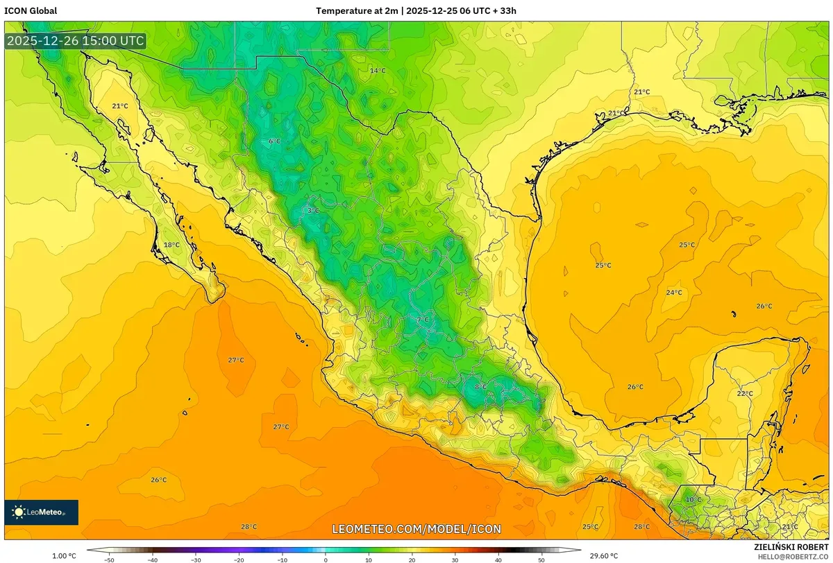 2025-12-25 Mapa de Temperatura de México – Pronóstico cálido del viernes, máximas de hasta 29 °C