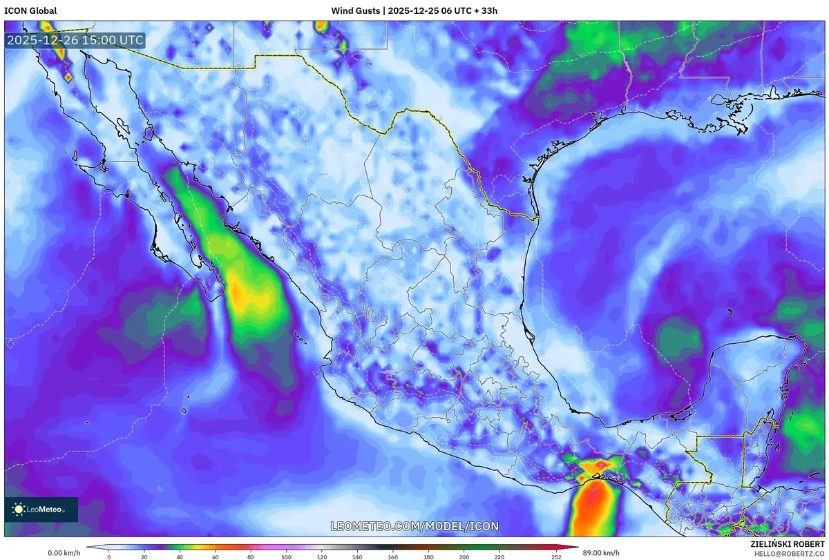 Mexico Wind Gust Forecast Map – 25 dic 2025 Perspectiva de Vientos Fuertes y Tormentas