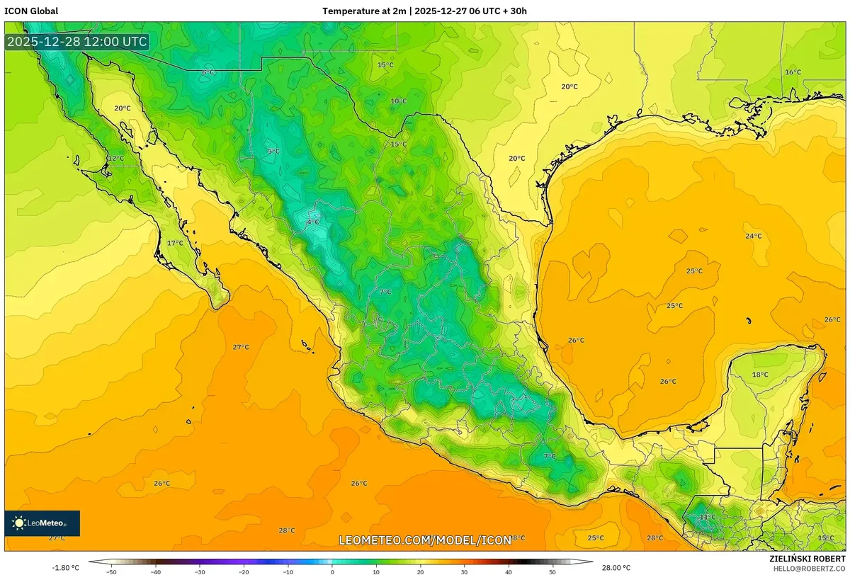 Temperaturas matutinas en México el 28 de dic de 2025